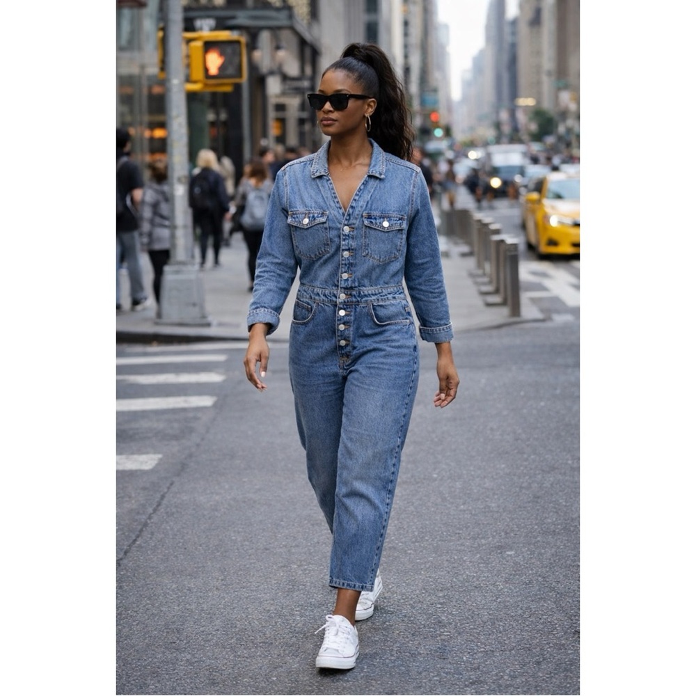 Zara Jean Overalls Jumpsuit sz: M Blue Demin Straight Leg Button Front Minimal